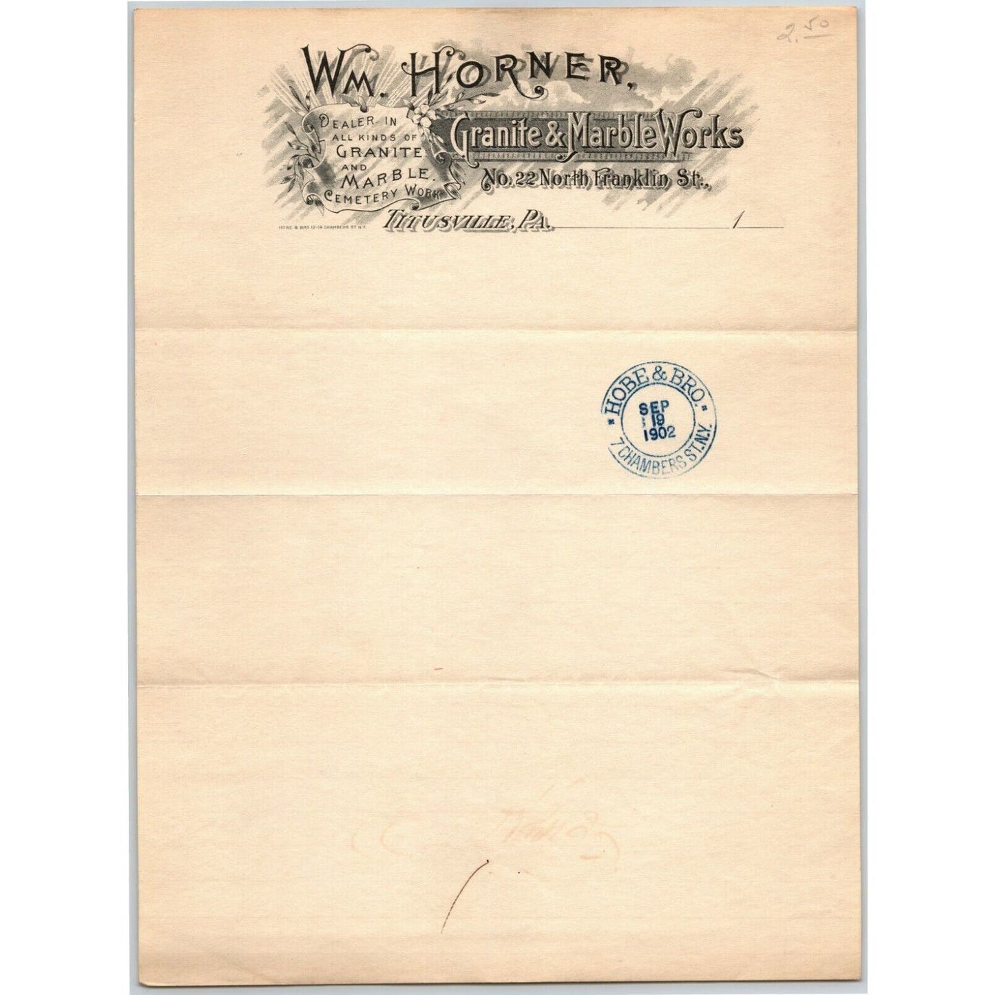 Wm. Horner Granite & Marble Works 1902 Titusville, PA Letterhead Cemetery Work