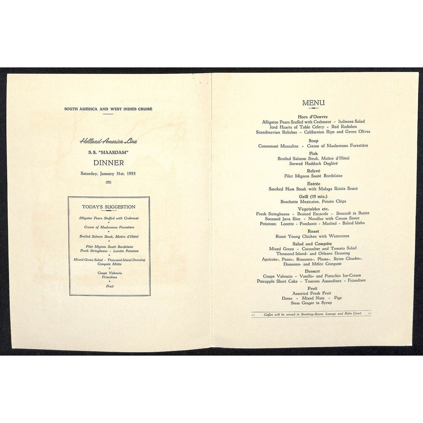 1953 Holland-America Maasdam West Indies Cruise Line Dinner Menu Jan 31 - VGC