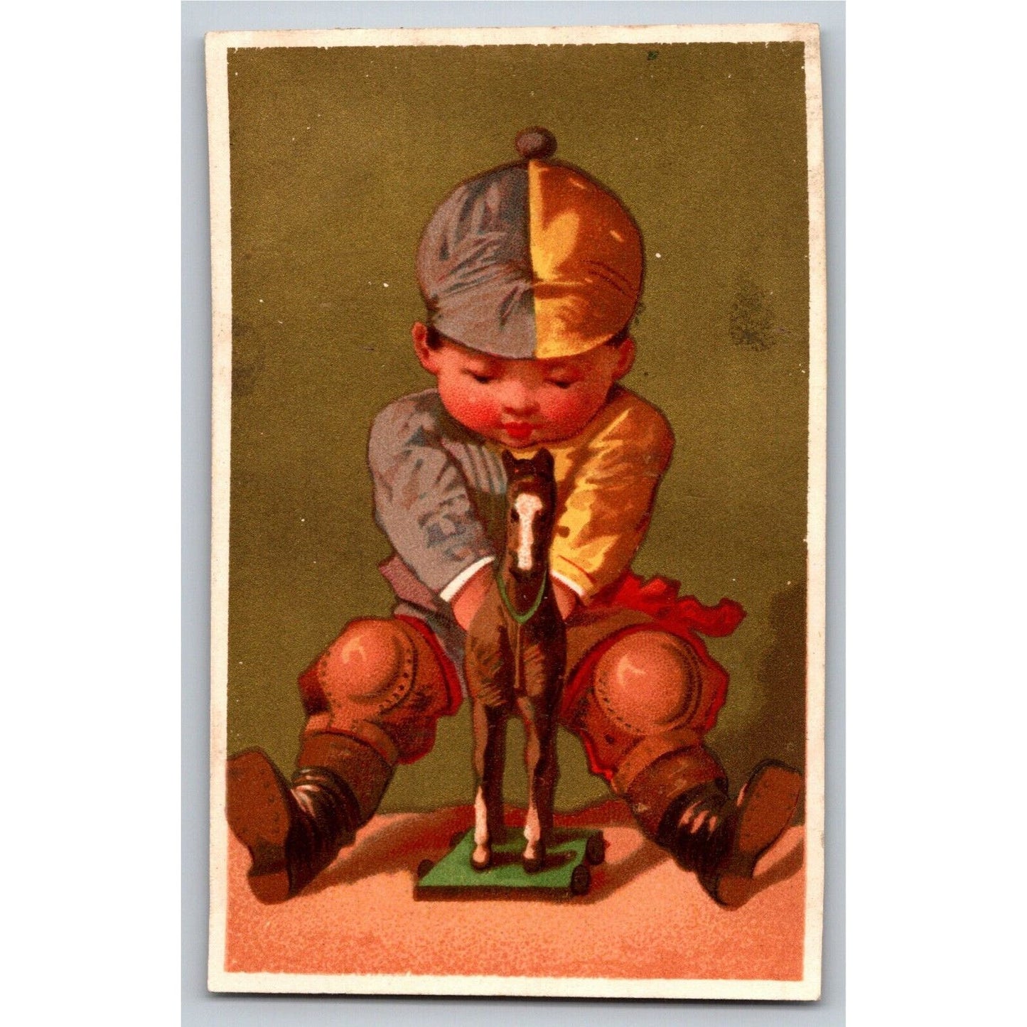 Young Child Pretends To Be a Horse Jockey w/ Toy Victorian Trade Card w/ Gilt