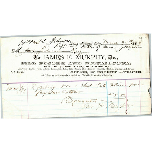 Long Island City. NY Billhead Letterhead 1883 James F. Murphy Bill Poster