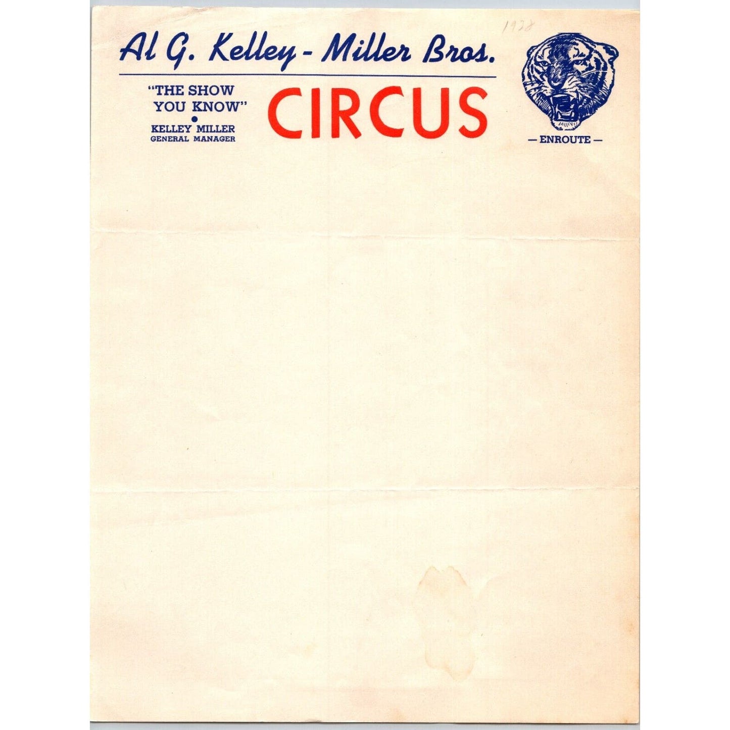 Al G. Kelly & Miller Bros. Circus Letterhead c1942 "The Show You Know"