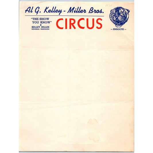 Al G. Kelly & Miller Bros. Circus Letterhead c1942 "The Show You Know"
