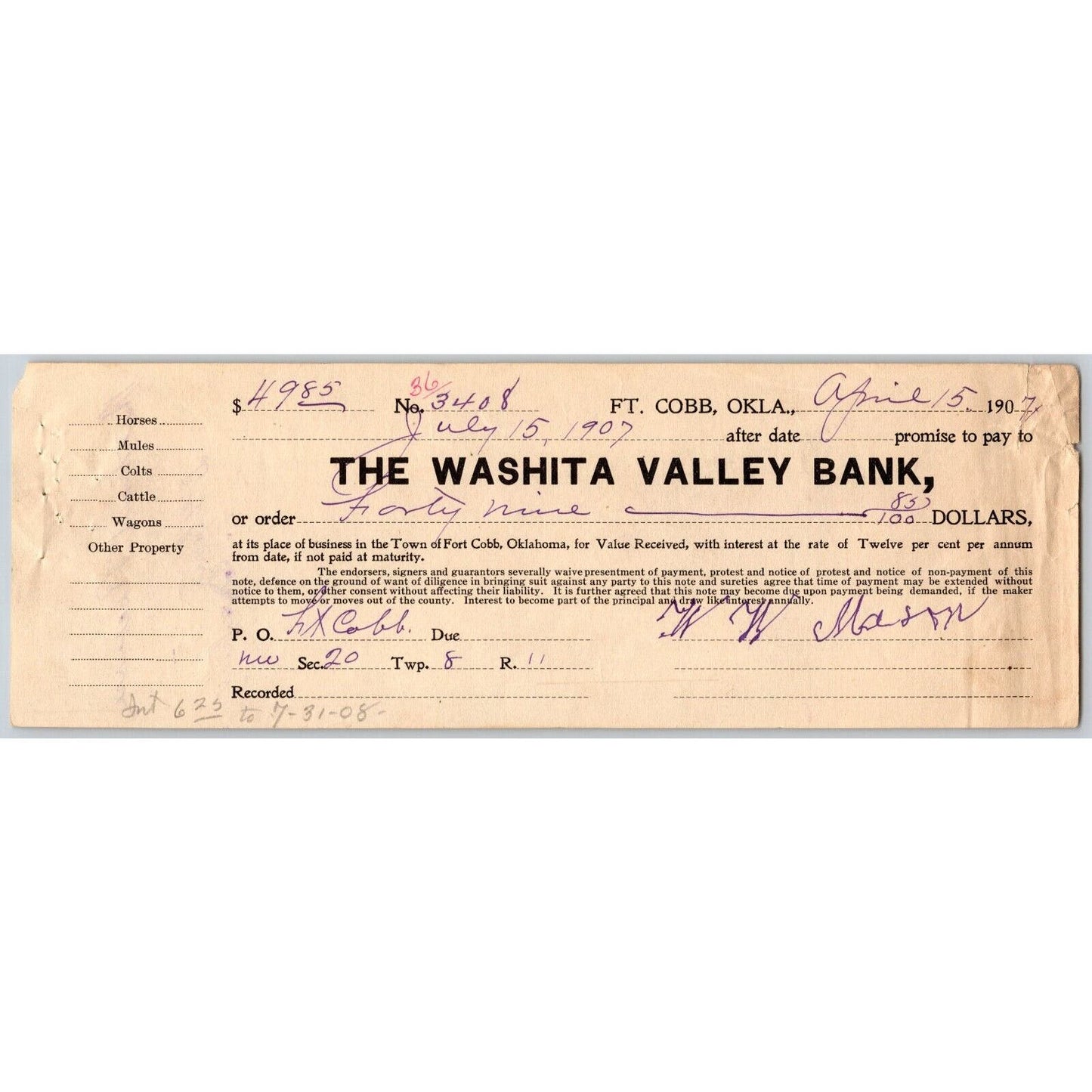 Fort Cobb Territorial Oklahoma 1907 Washita Valley Promissory Note Scarce