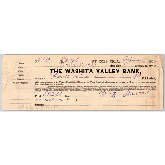 Fort Cobb Territorial Oklahoma 1907 Washita Valley Promissory Note Scarce