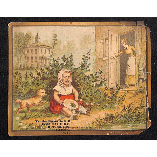 Domestic Sewing Machine - O.T. Ellis Varna, NY Victorian Trade Card Crying Baby