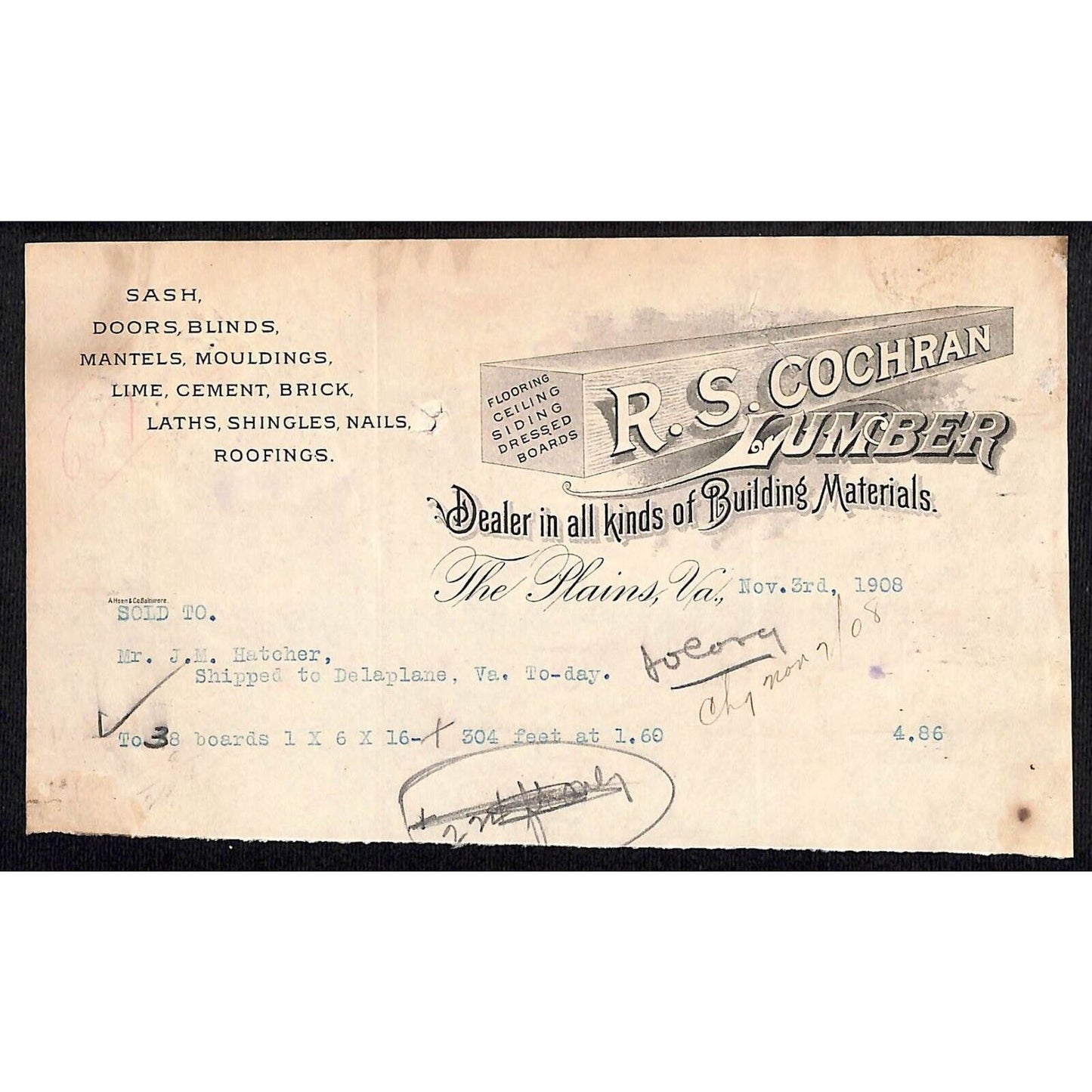 The Plains, VA R.S. Cochran Lumber Building Materials 1908 Billhead