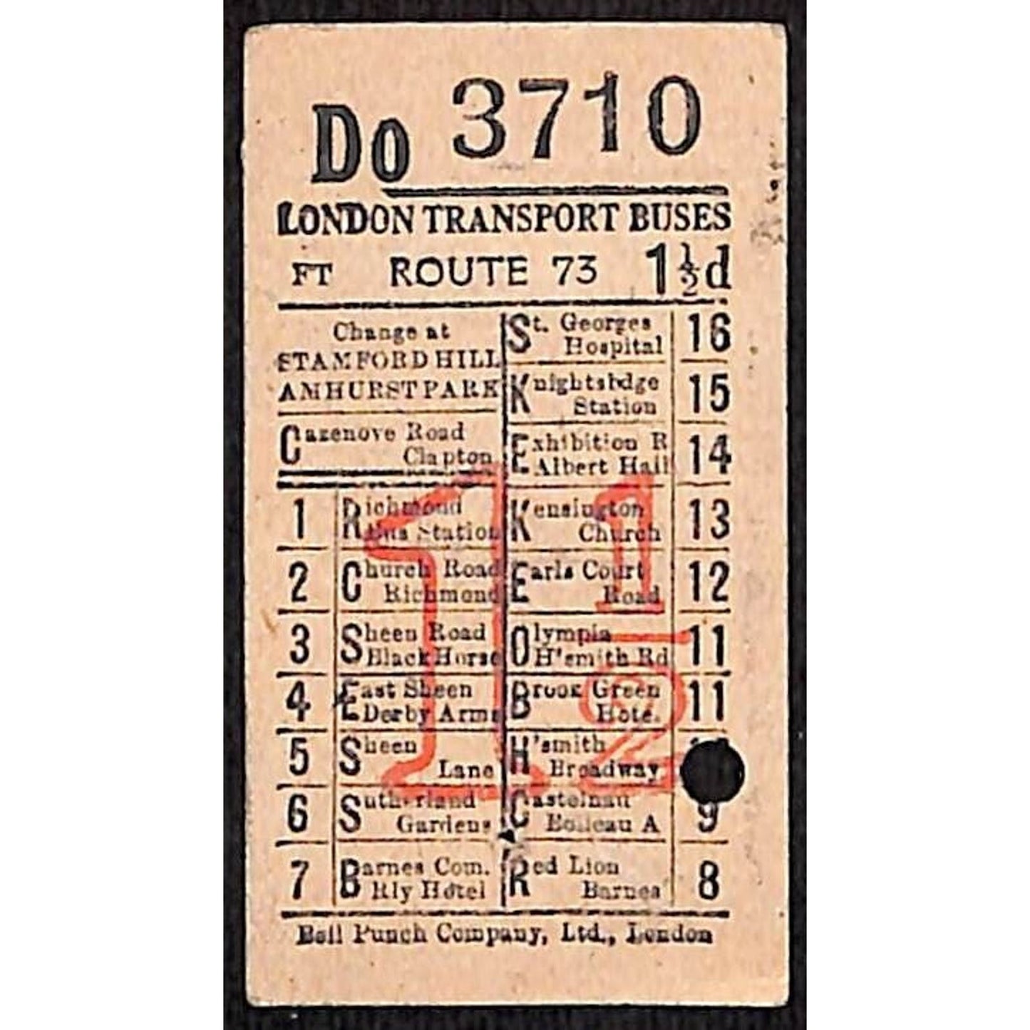 London Transport Buses Ticket Route 73 1 1/2d