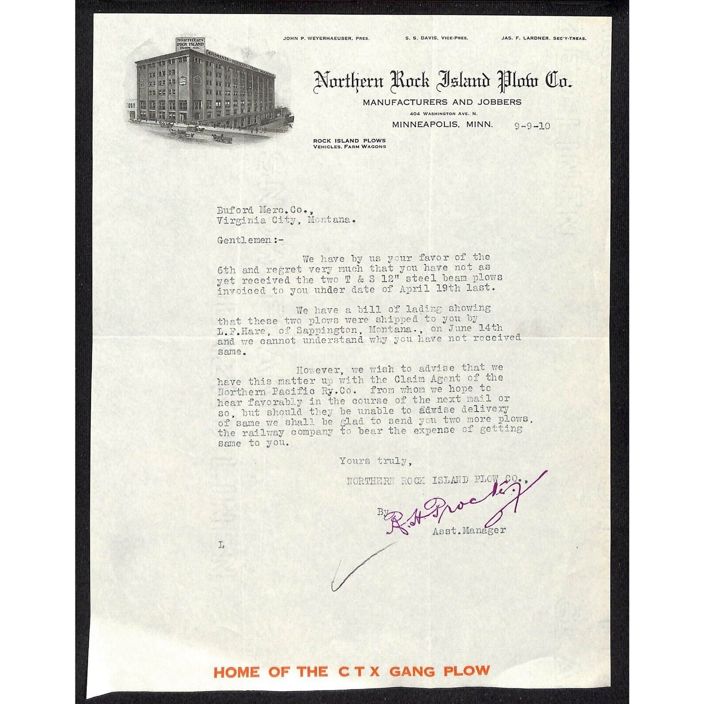 Northern Rock Island Plow Co. Minneapolis 1910 Letterhead Buford*