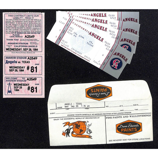 California Angels Tickets - 4 Unused 9/28/94 Strike - Game Not Played