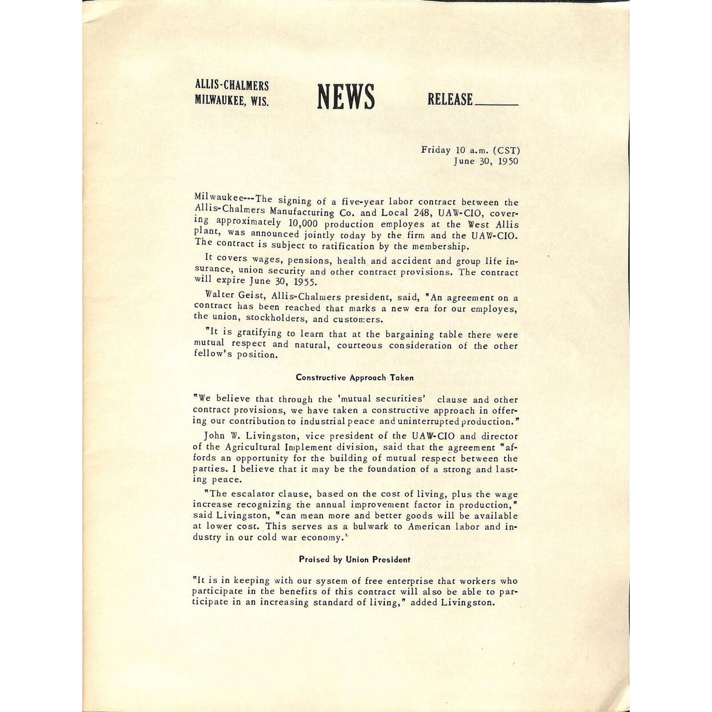 Allis-Chalmers 1950 Contract Btwn. AL and Local 248 Auto Workers 20pp VGC / EXC