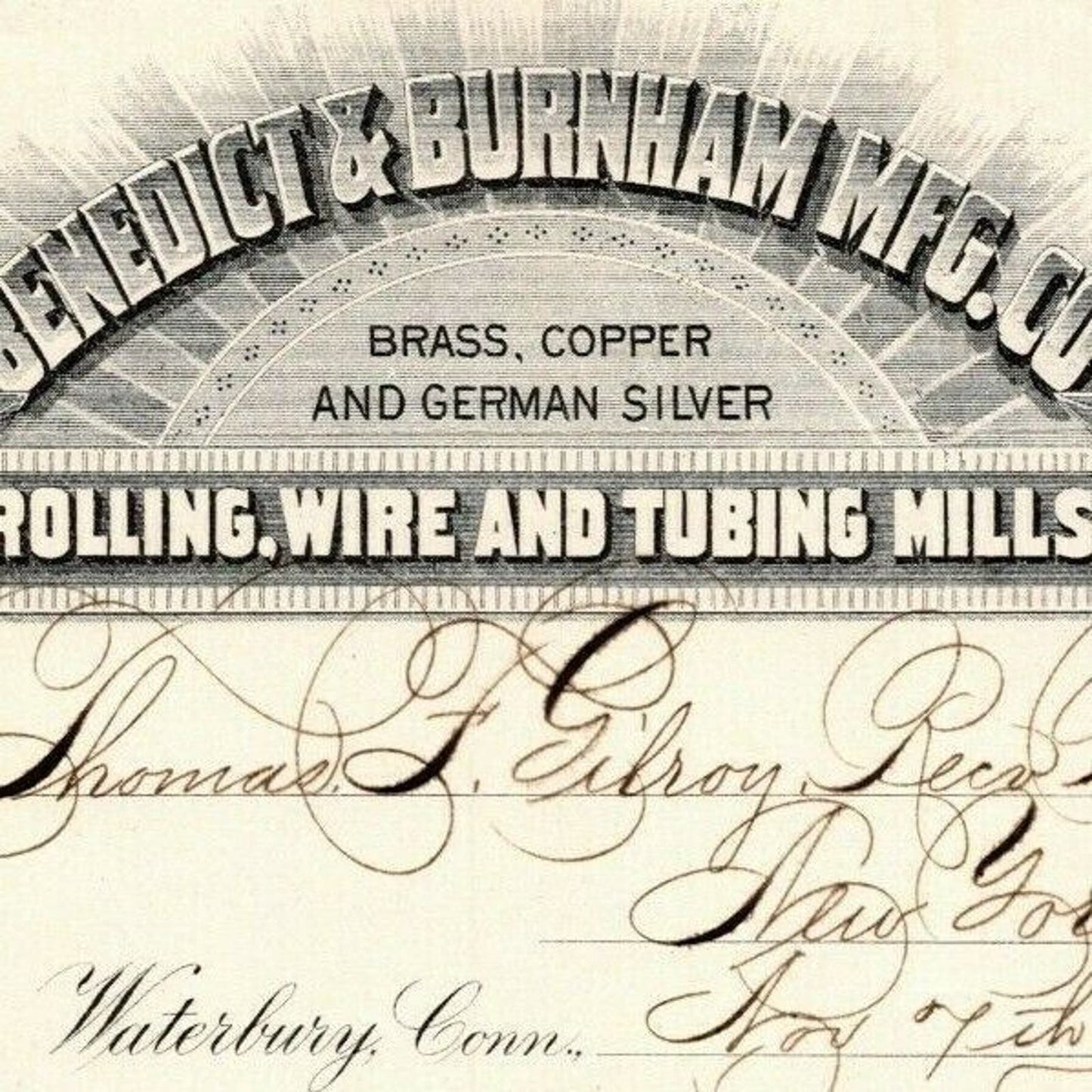 1887 "Benedict & Burnham Mfg. Co" Silver Billhead Letterhead Waterbury - CONN