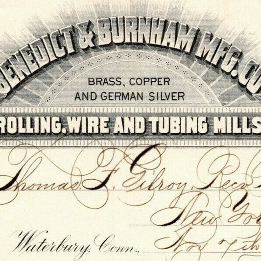 1887 "Benedict & Burnham Mfg. Co" Silver Billhead Letterhead Waterbury - CONN