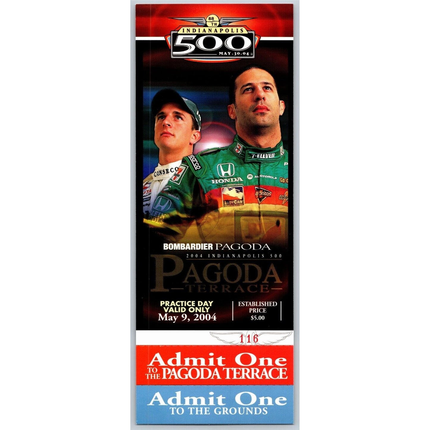 2004 Indy 500 Practice Day 5/9 Bombardier Pagoda Terrace Unused Ticket IMS #116
