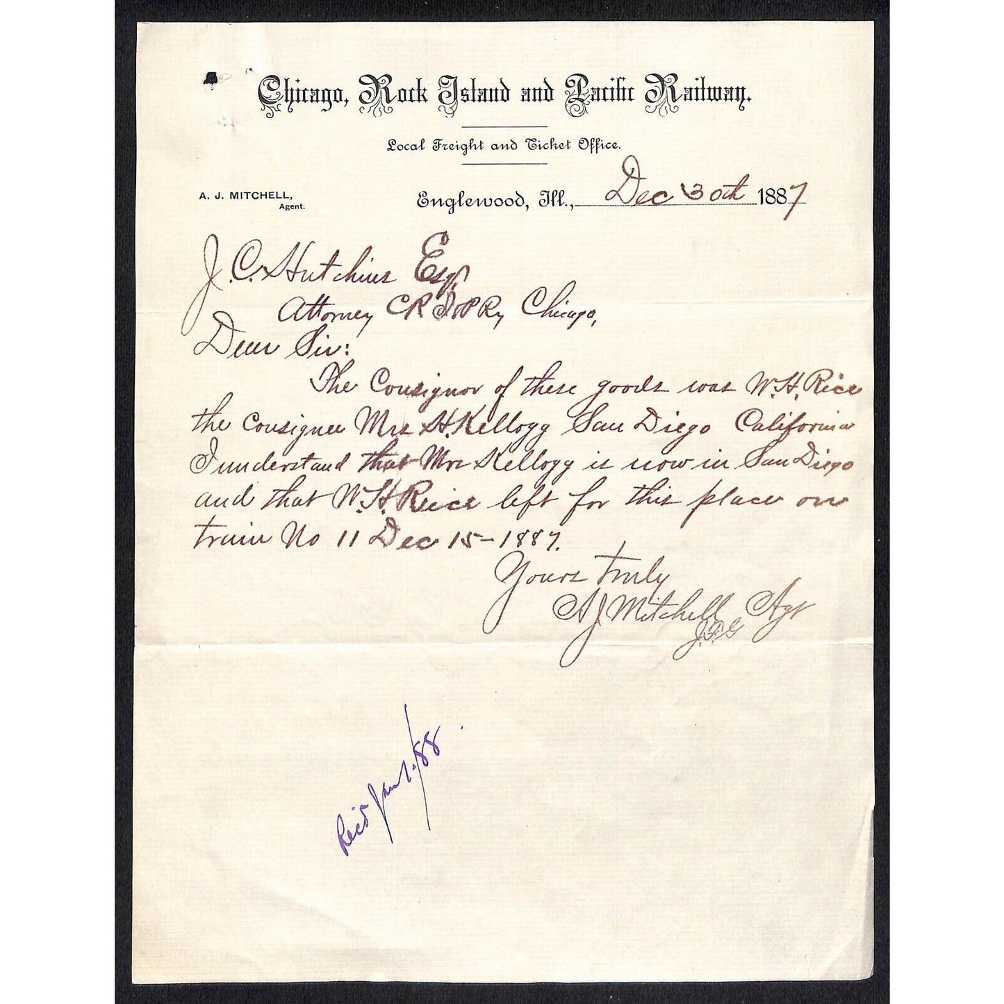 Chicago Rock Island & Pacific Railway 1887 Local Freight & Ticket Letterhead