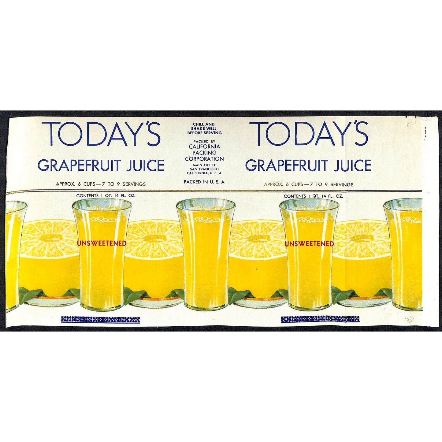 1948 Paper Can Label Today's Grapefruit Juice - California Packing