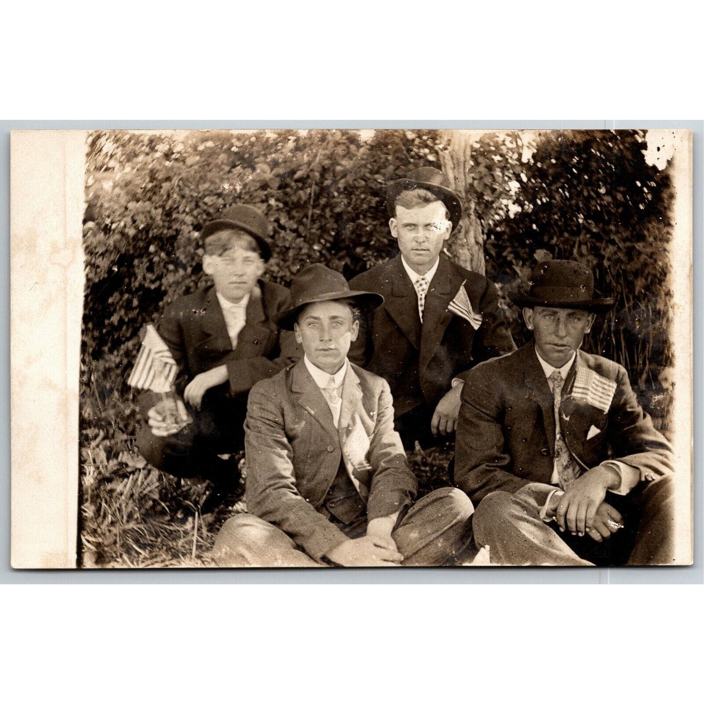 Vintage c1907-1910 PPC Postcard - "4 Men w/ Small American Flags - Parade?