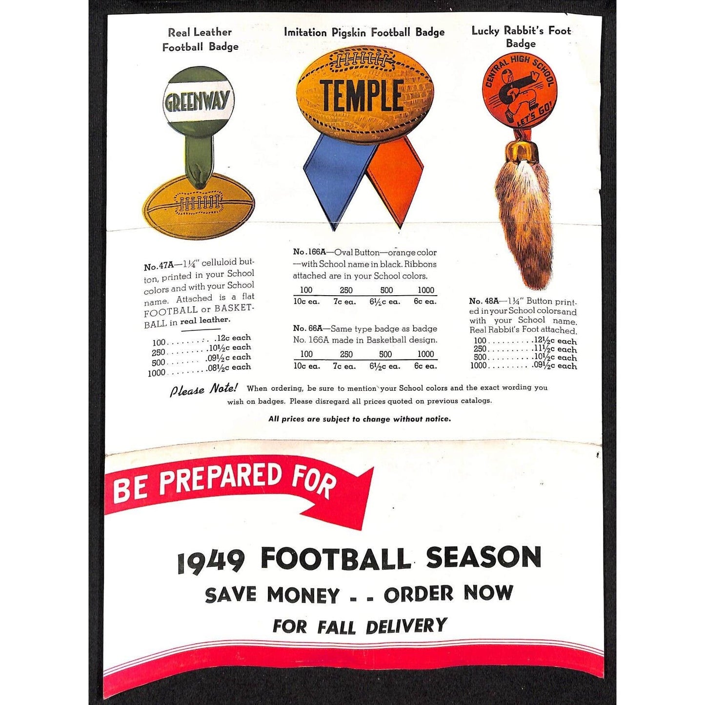 1949 Philadelphia Badge Co. School Sports Football Pinback Button Flyer Sheet