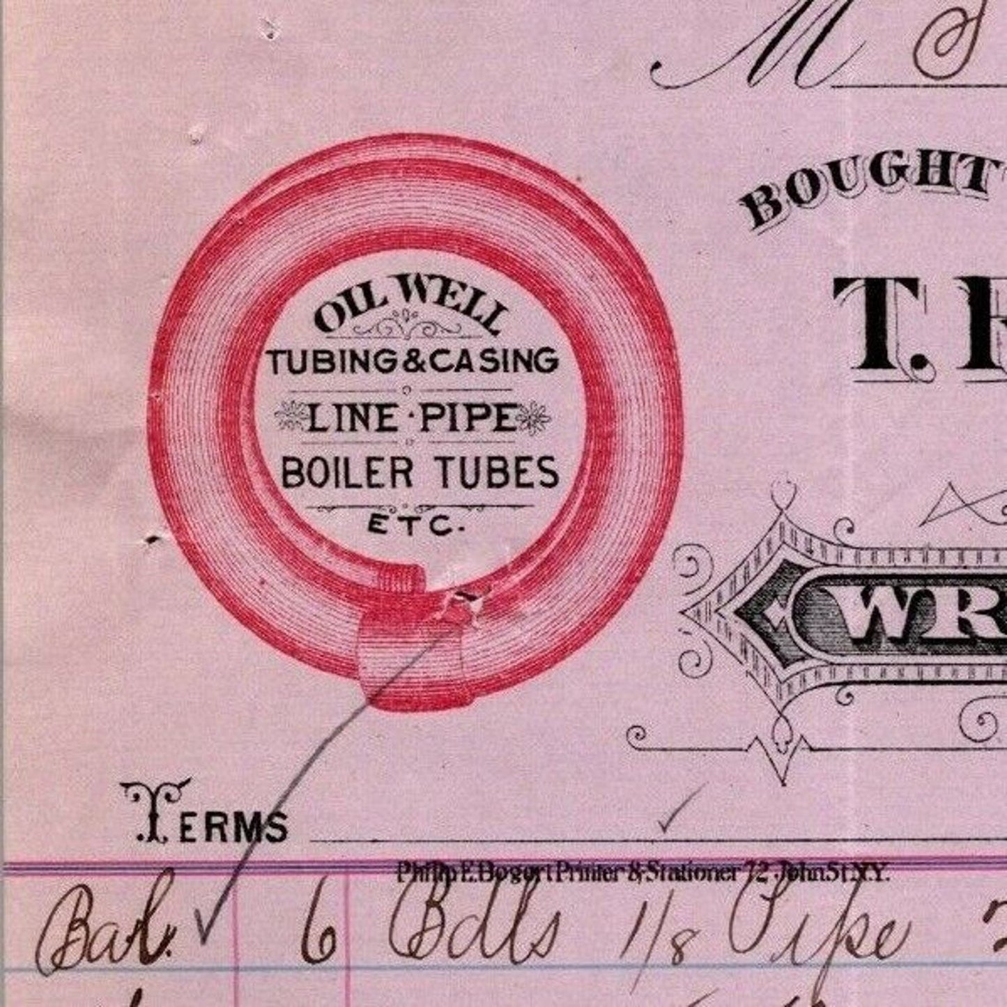 1887 "T. R. Mc Mann & Bros., Wrought Iron Pipe" Billhead Letterhead Gold St, NYC