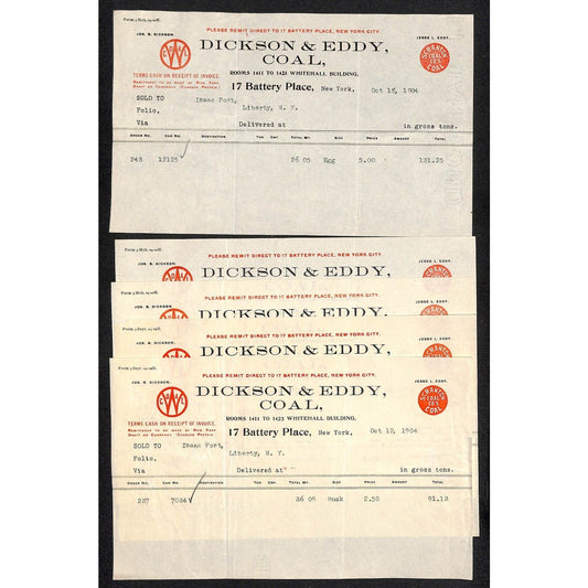Dickson & Eddy Scranton Coal - 17 Battery Place, NYC (5) 1904 Billheads VGC