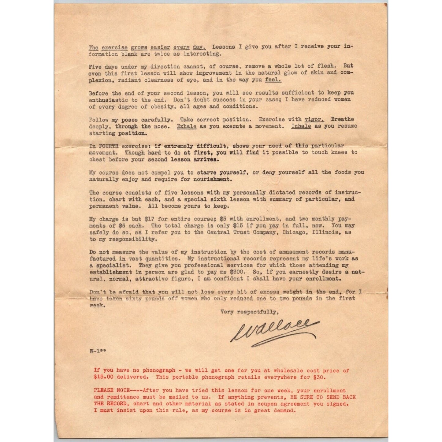 1927 Chicago 2pp. Letterhead Wallace Institute "Get Thin to Music" Weight Loss