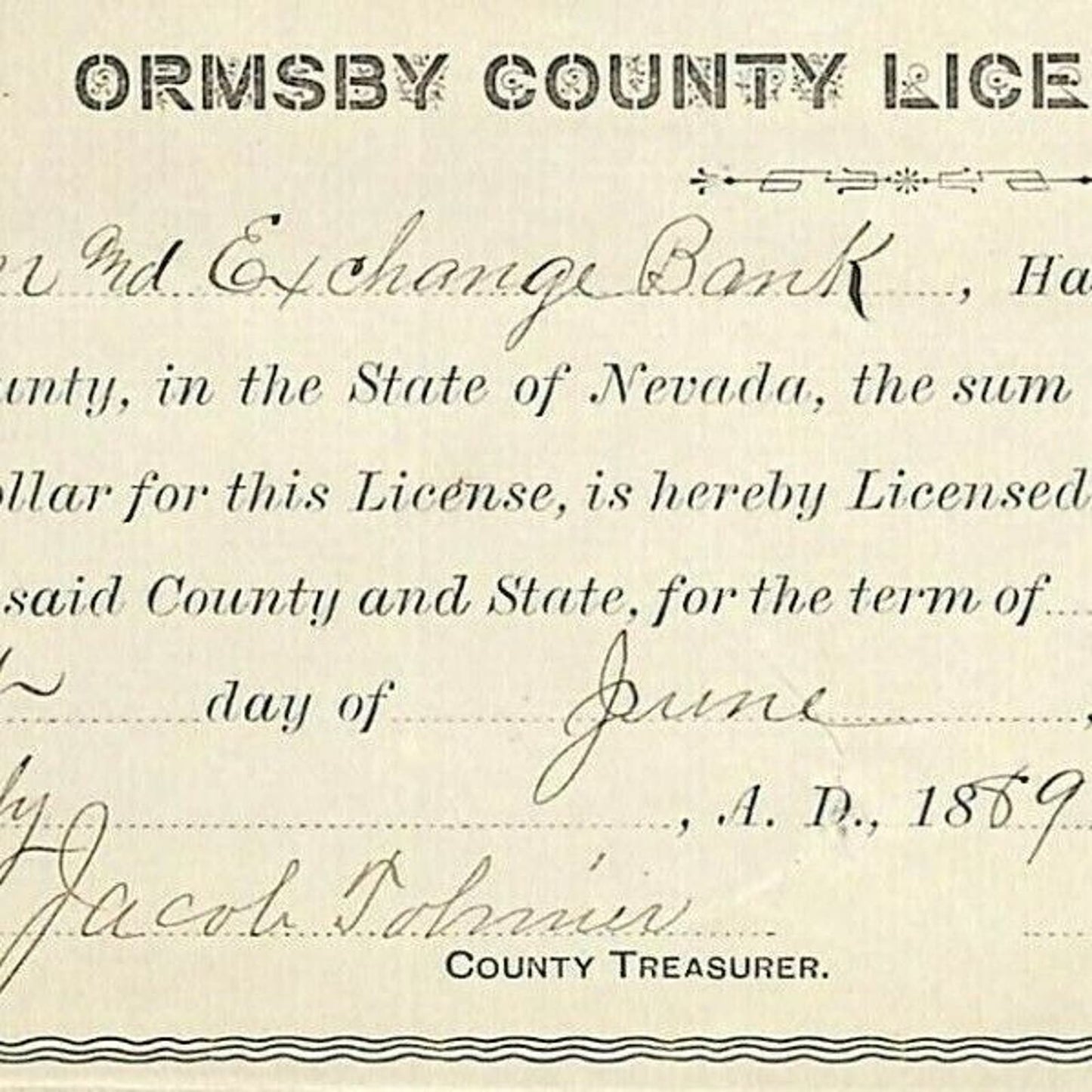 Vintage 1889 Ormsby County Banking License Bullion & Exchange Bank - Mining Doc.