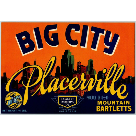 Big City Placerville Bartletts Vintage Original Paper Fruit Crate Label Skyline