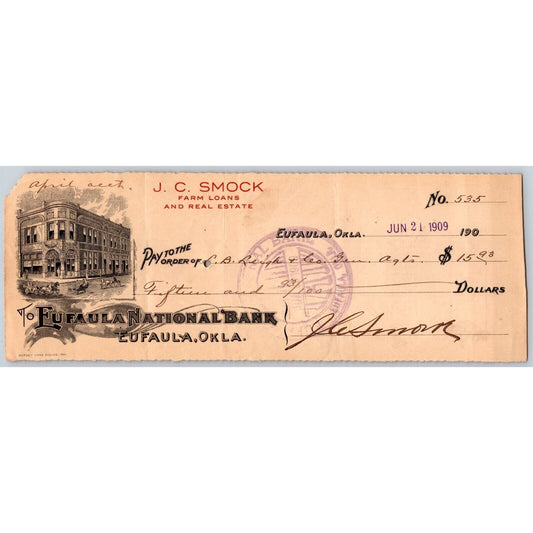Eufaula Oklahoma 1909 J.C. Smock Eufaula National Bank Check Building Vignette