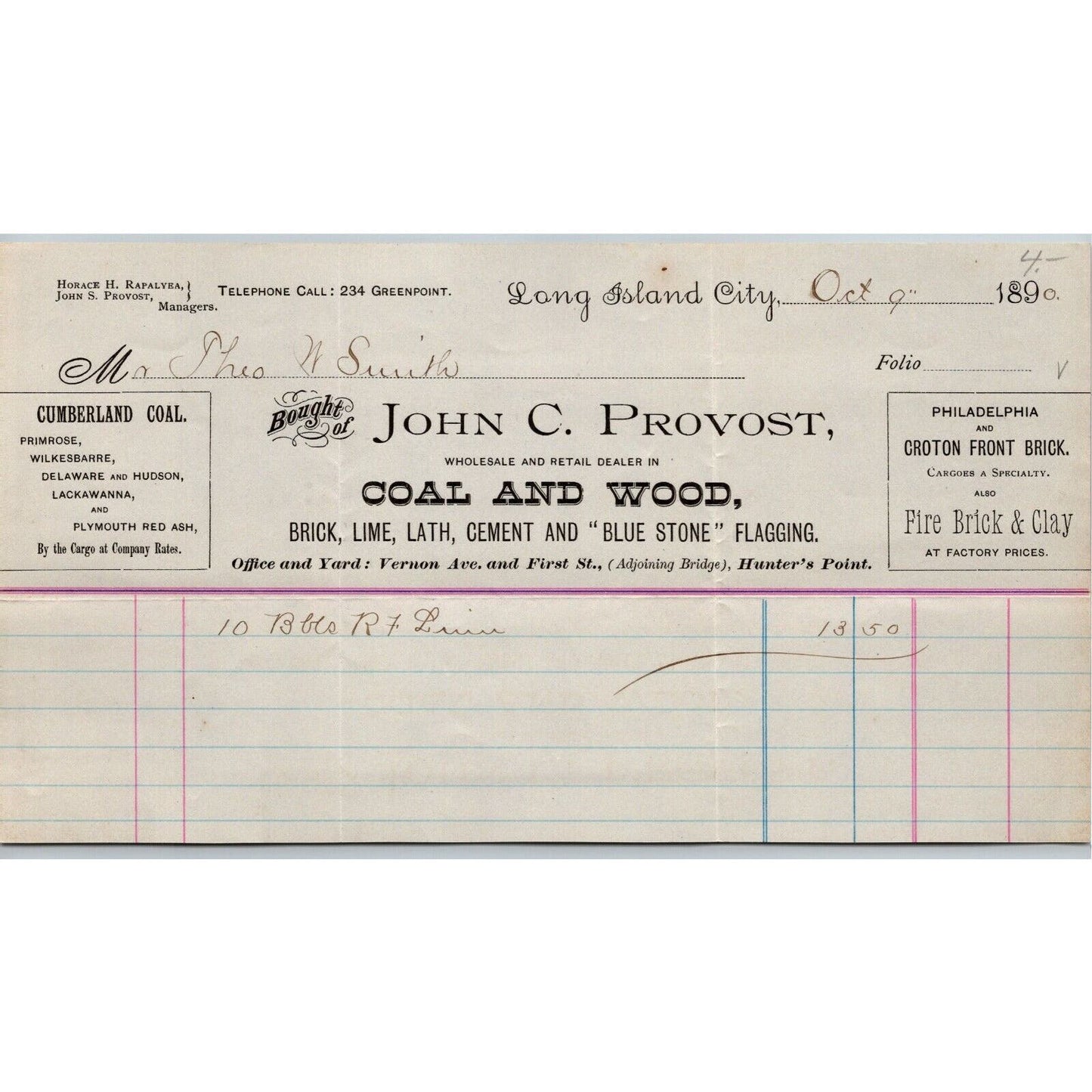 Long Island City, NY c1890 Letterhead John C. Provost Coal and Wood Fire Brick