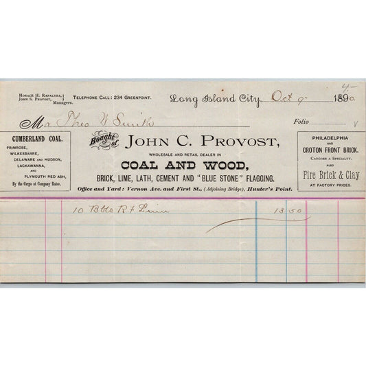 Long Island City, NY c1890 Letterhead John C. Provost Coal and Wood Fire Brick
