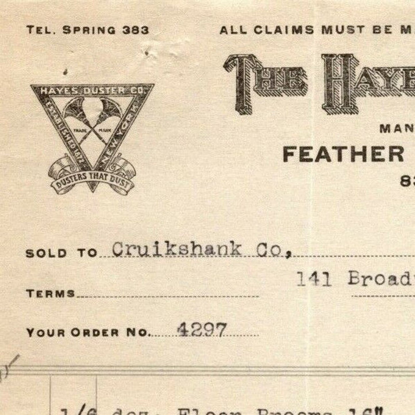 1915 "The Hayes Duster Co." Feather Brushes Billhead Letterhead Grand St. NYC