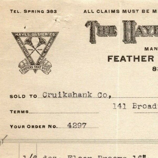 1915 "The Hayes Duster Co." Feather Brushes Billhead Letterhead Grand St. NYC