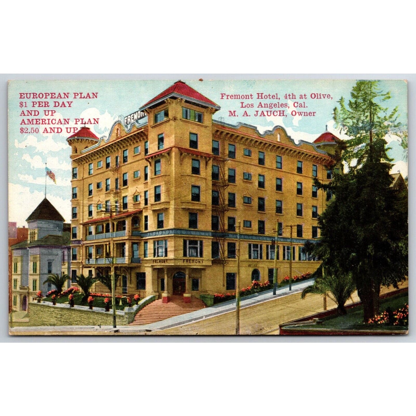 Fremont Hotel Los Angeles Jauch Advertising Postcard w/ Prices UP c1913 VGC