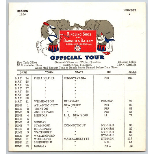 1954 Ringling Bros Barnum Bailey Circus Route Card Philadelphia Atlantic City