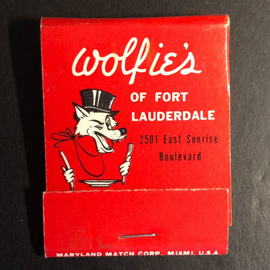 Wolfie's of Fort Lauderdale Restaurant Full Matchbook c1974-80's VGC