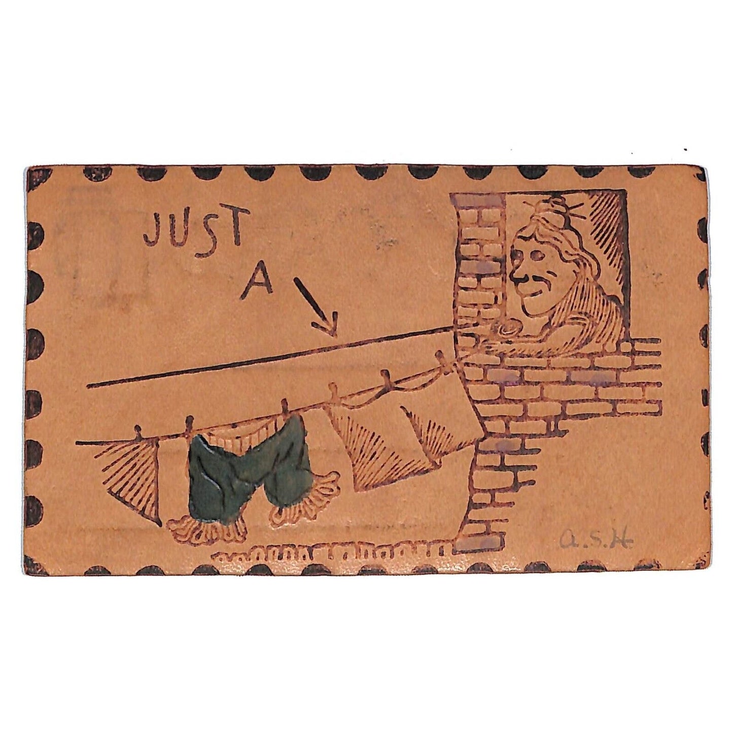 Funny Leather Postcard "Just A" Clothesline Humor