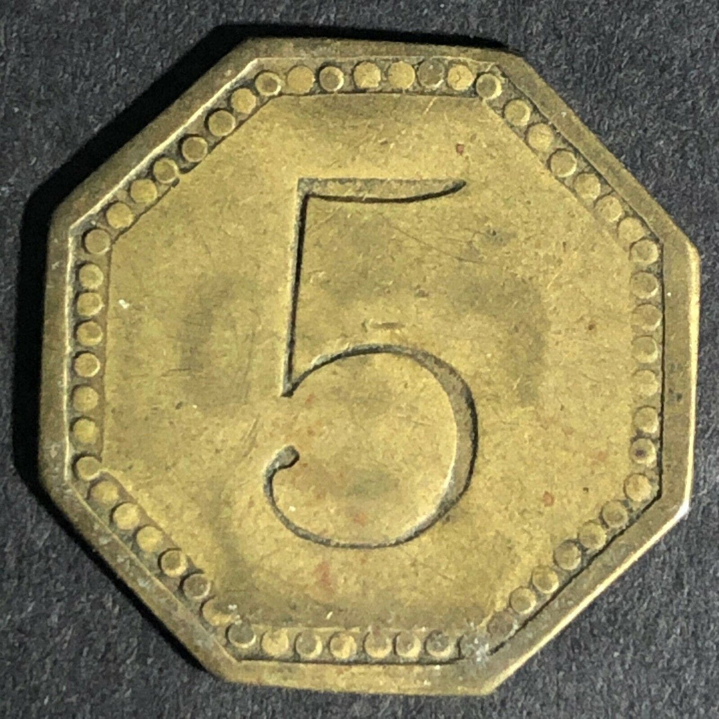 H. Kos H. Rice Maker Dayton, O Brass "5" Token 22.4mm Unknown Octagon