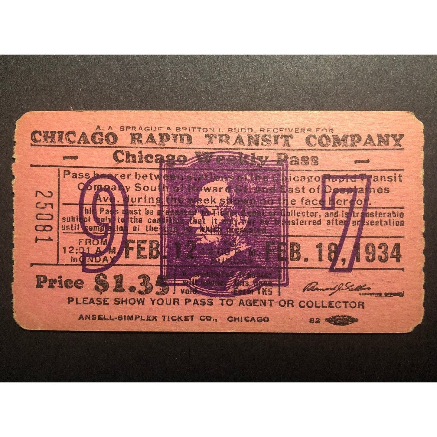 1934 Chicago Transit Authority Weekly Pass Feb. w/ Lincoln Graphic - VGC