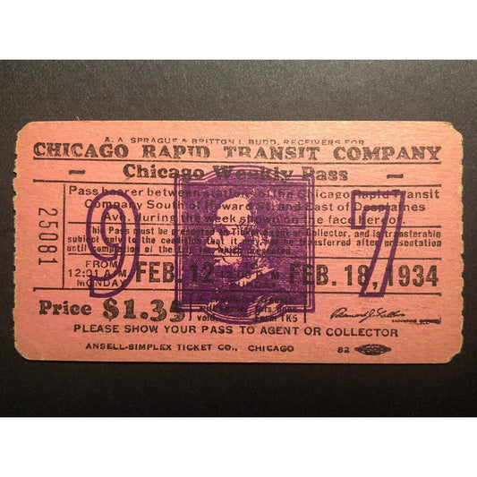 1934 Chicago Transit Authority Weekly Pass Feb. w/ Lincoln Graphic - VGC