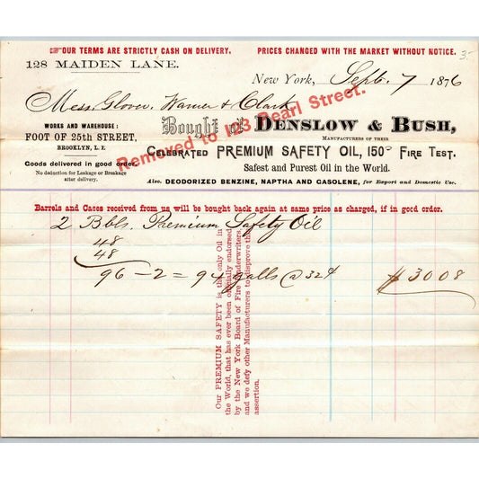 Denslow & Bush NY, NY to Glover, Warner & Clarke Sandy Hook Letterhead 1876