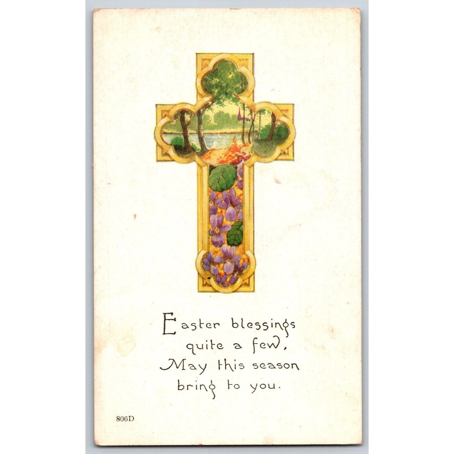 Vintage Easter Postcard "Easter blessings..." Floral Cross w/ Landscape Poem