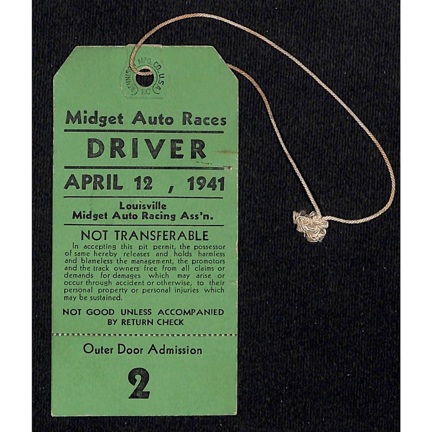 Louisville Midget Auto Racing Ass'n. 4/12 1941 "Driver" Pit Pass VGC Very Scarce