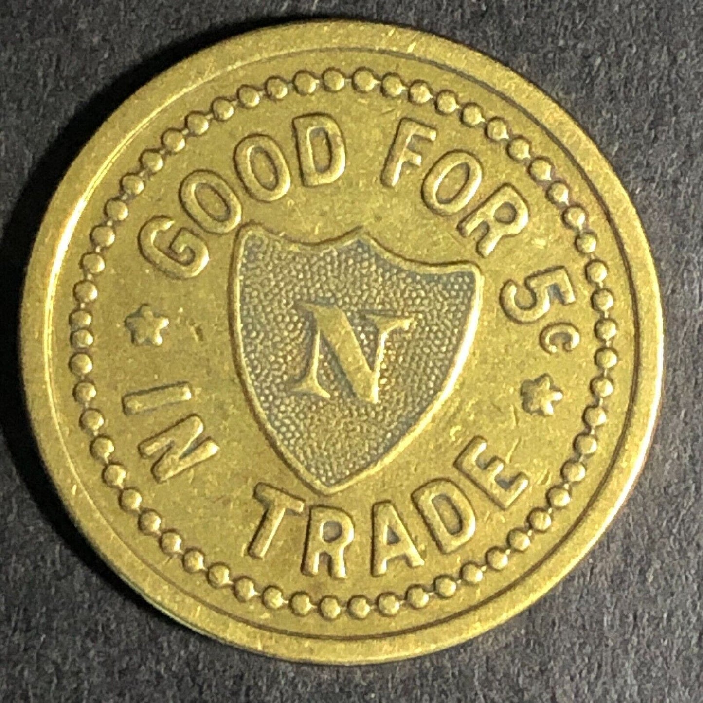 Lawrence Neuner Roseburg, ORE Cigar Store Brass G/F 5c Trade Token 21.1mm c1925