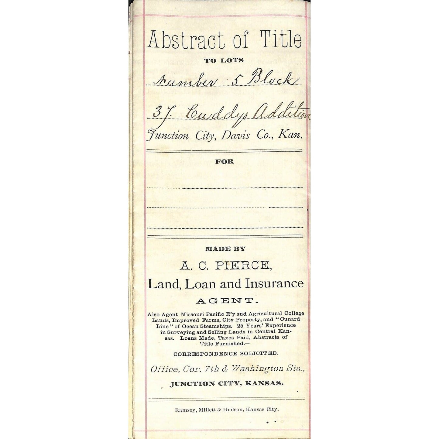 1891 Junction City, KS Document / Title Abstract - 1861 Reference to Lincoln