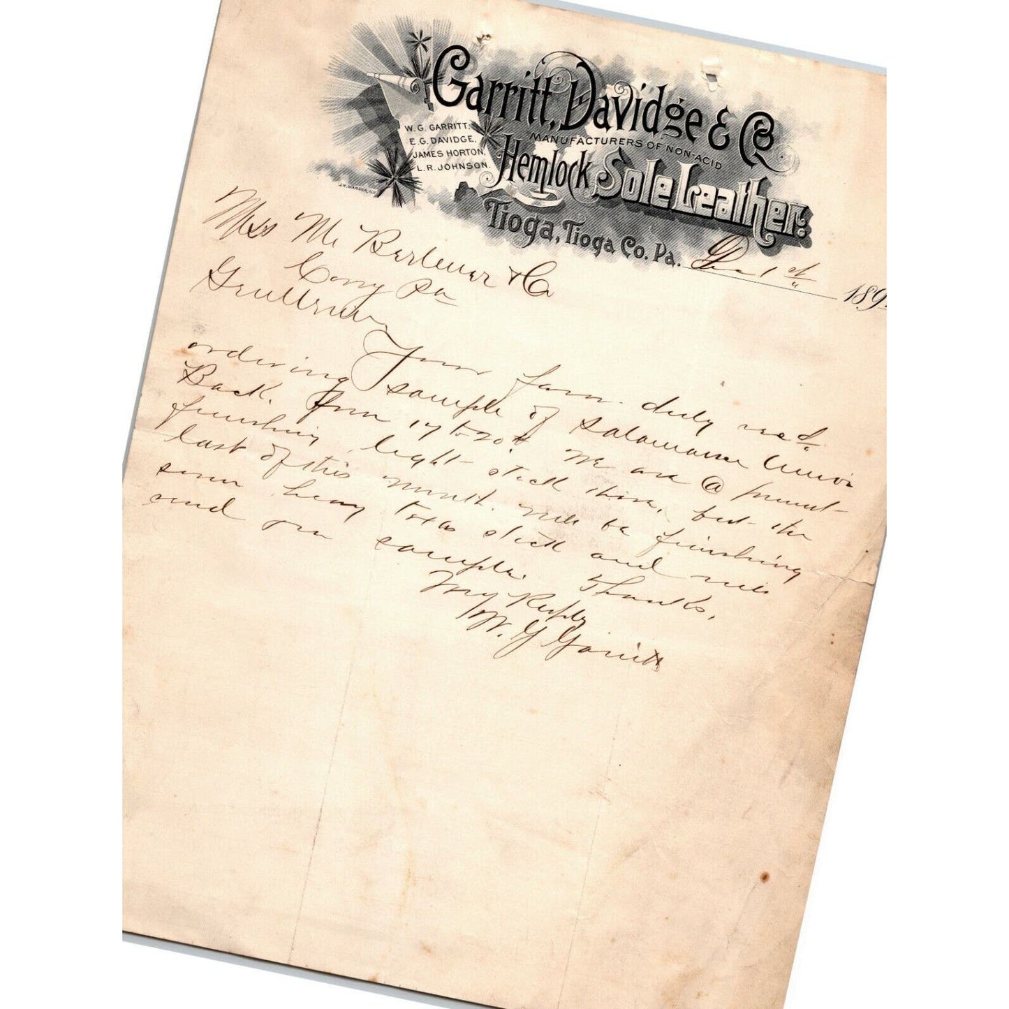 Garritt, Davidge 1892 Tioga, PA Letterhead Hemlock Sole Leather re: Sample ALS