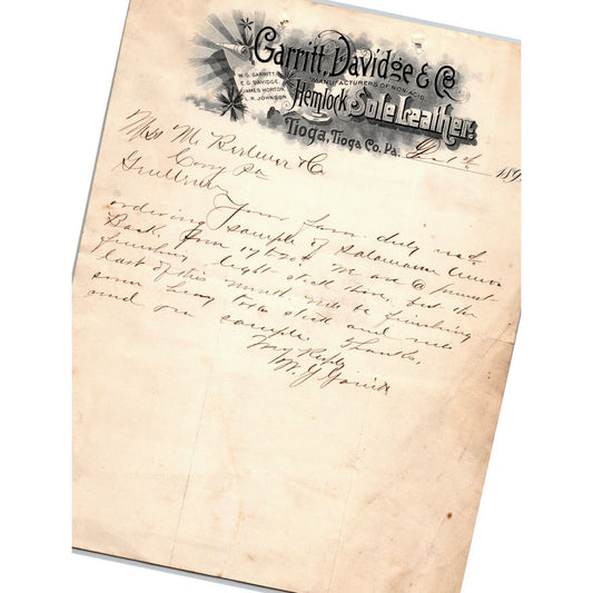 Garritt, Davidge 1892 Tioga, PA Letterhead Hemlock Sole Leather re: Sample ALS