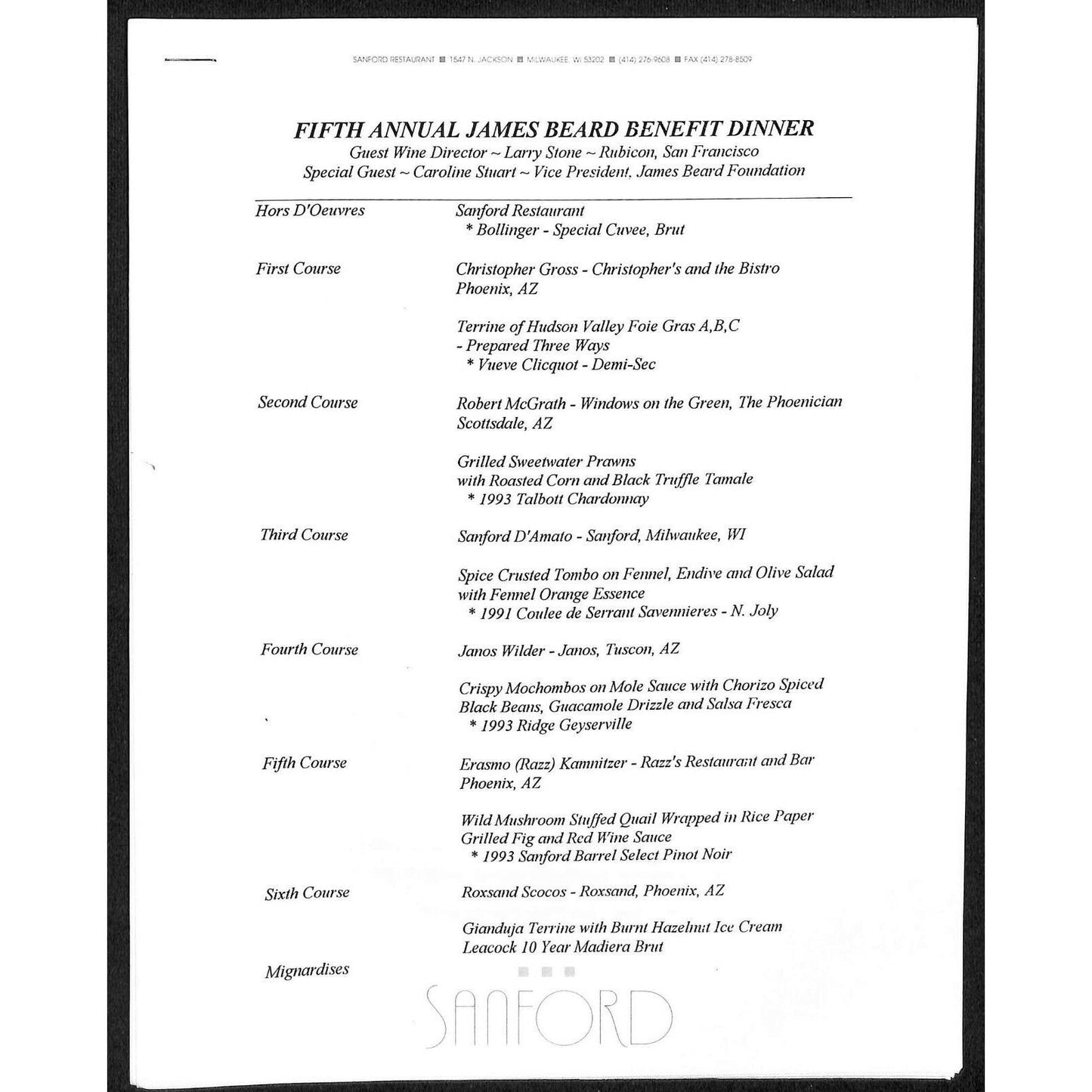 1996 Fifth Annual James Beard Benefit Dinner Menu + 2 Info Sheets