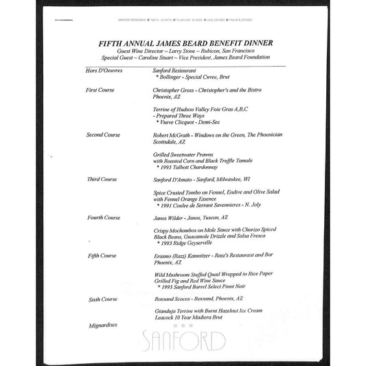 1996 Fifth Annual James Beard Benefit Dinner Menu + 2 Info Sheets