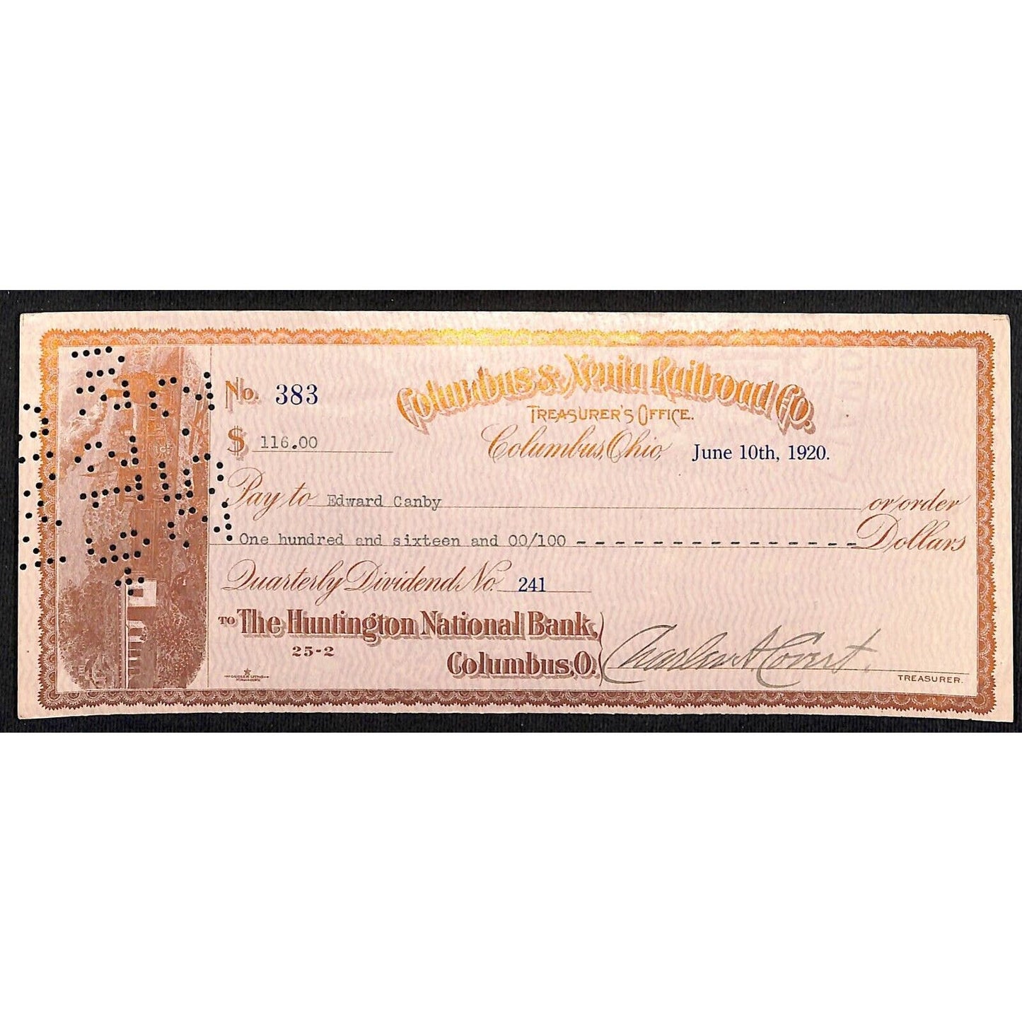 1920 Columbus & Xenia Railroad Bank Check Ohio #383 Gold Colored Ink