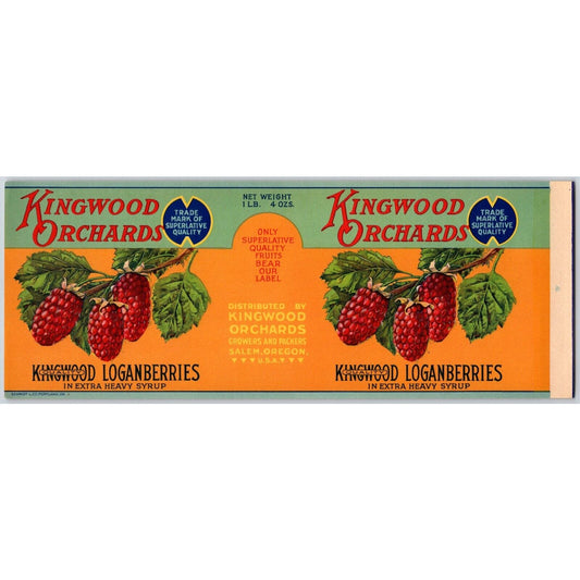 Kingwood Orchards Loganberries Paper Can Label Salem, OR c1920's-30's