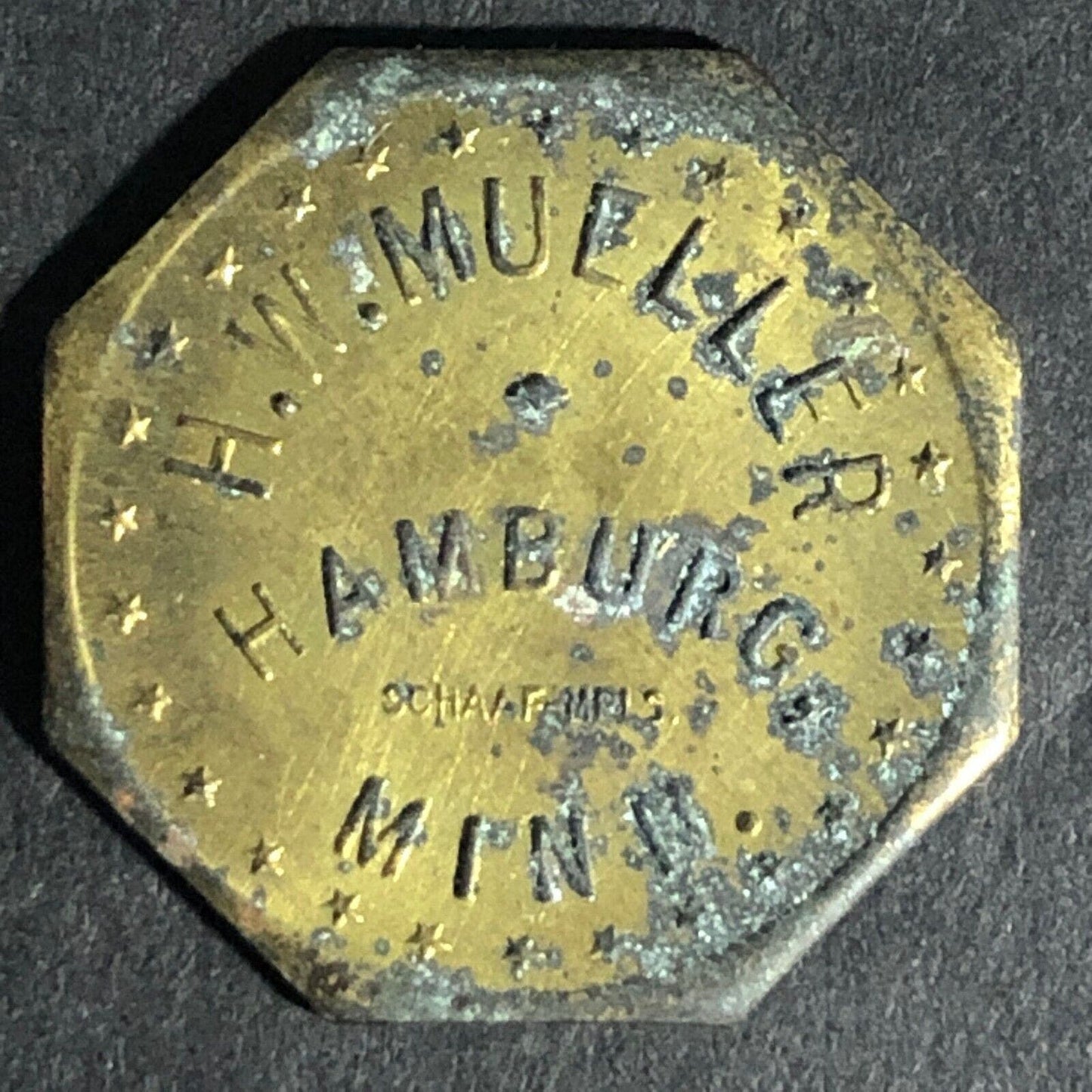 H.W. Mueller Hamburg, Minn G/F 5c Brass Token Octagon 22.3mm
